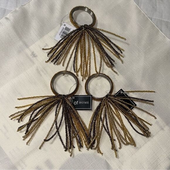 C&F Home Gold Set of 8 Tone Brown Shades Beaded Tasseled Dinner Napkin Rings - Picture 3 of 6